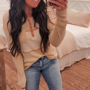 New Hem & Thread Ribbed Color block Henley Long Sleeve Top – Size Small